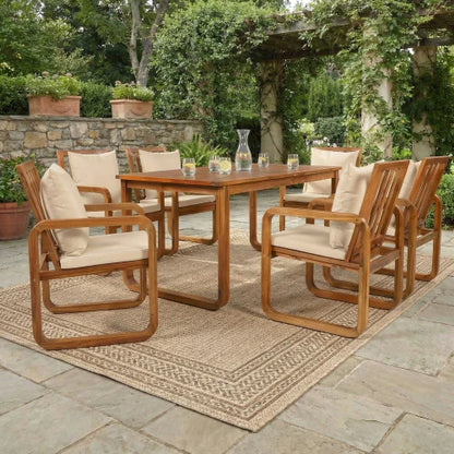 7-Piece Modern Acacia Wood Outdoor Dining Set with Cushions, 6 Chairs & Large Table