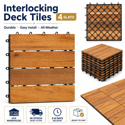 Acacia Wood Interlocking Deck Tiles, 12x12", Waterproof Outdoor Patio Flooring