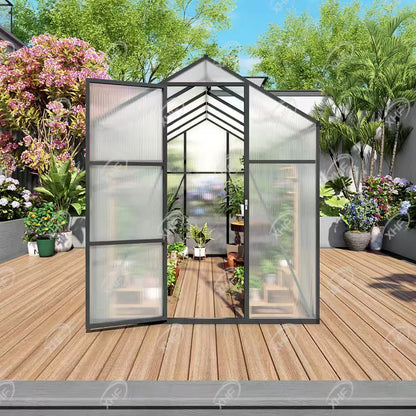 6x10 ft Polycarbonate Walk-In Greenhouse, Aluminum Frame, Vent Window & Lockable Door