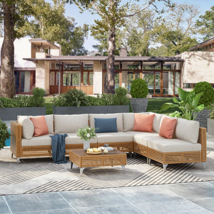7-Piece Rattan Wicker Outdoor Sectional Sofa Set with Waterproof Cushions, Contemporary
