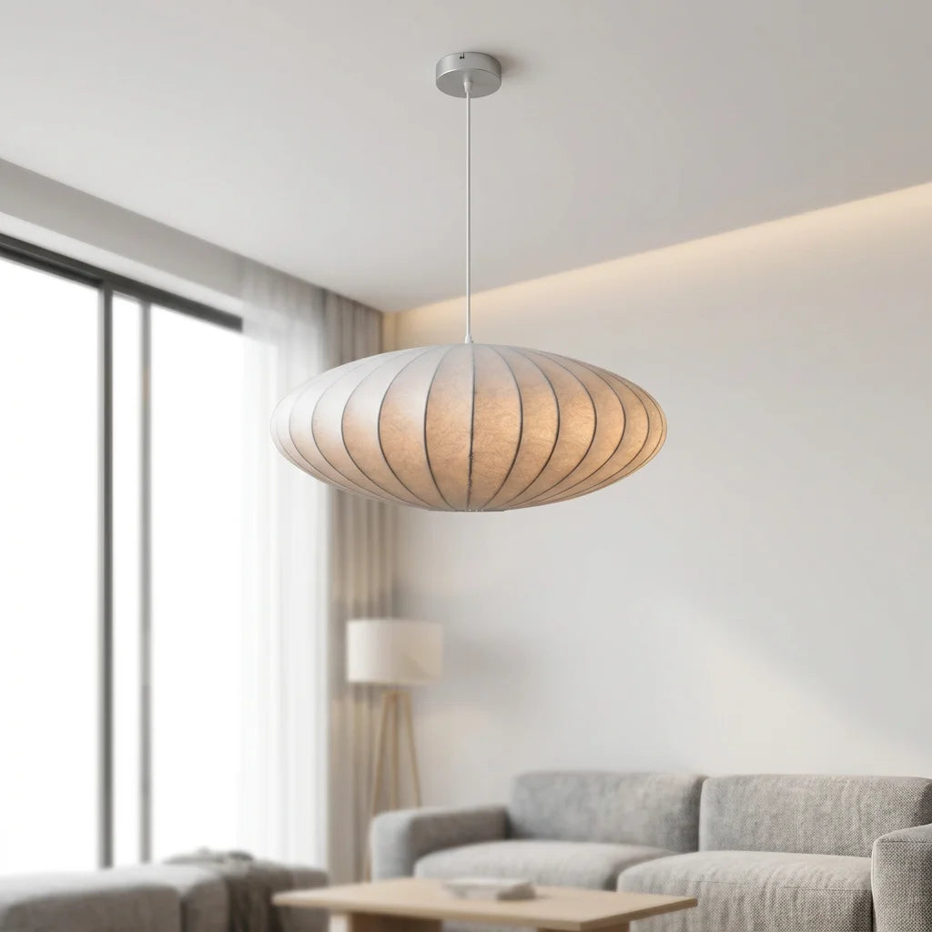 Kage Pumpkin Shade Pendant Light, Wabi-Sabi Iron & Fabric, Adjustable Height