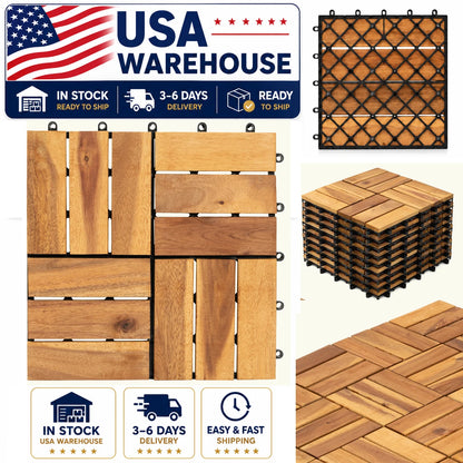 Acacia Wood Interlocking Deck Tiles, 12x12", Waterproof Outdoor Patio Flooring