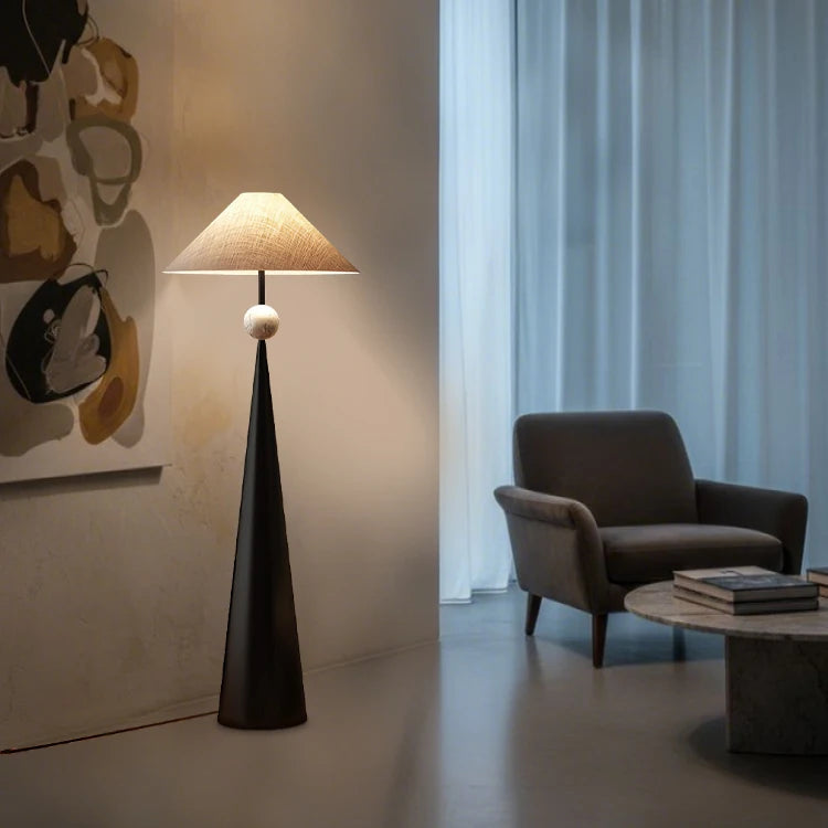 Modern black floor lamp with adjustable height, front view