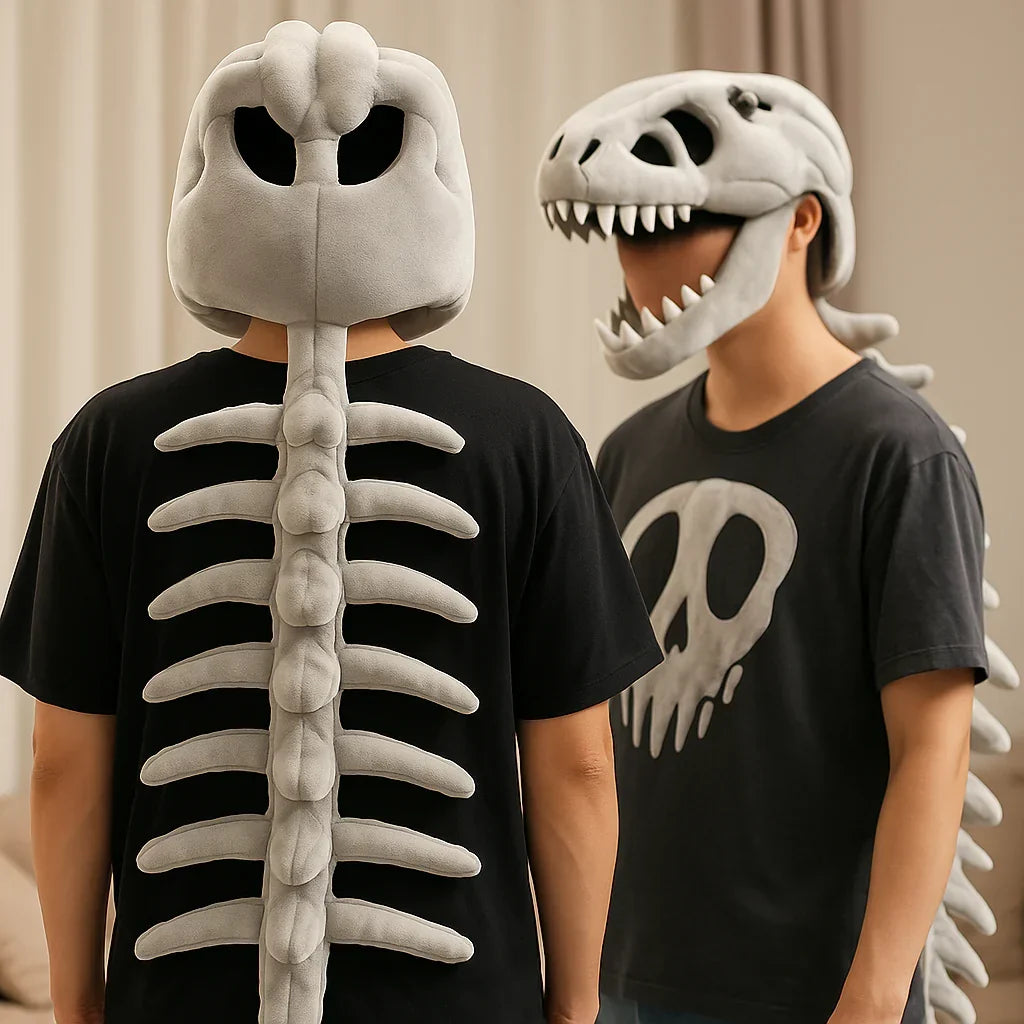 Child size dinosaur skeleton costume in gray plush