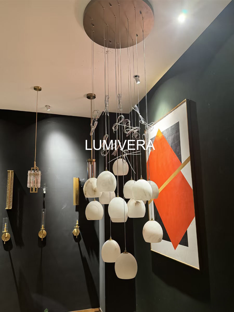 Tavira Chandeliers for Dining Room, Round Alabaster Chandelier, Adjustable Airplane Cable