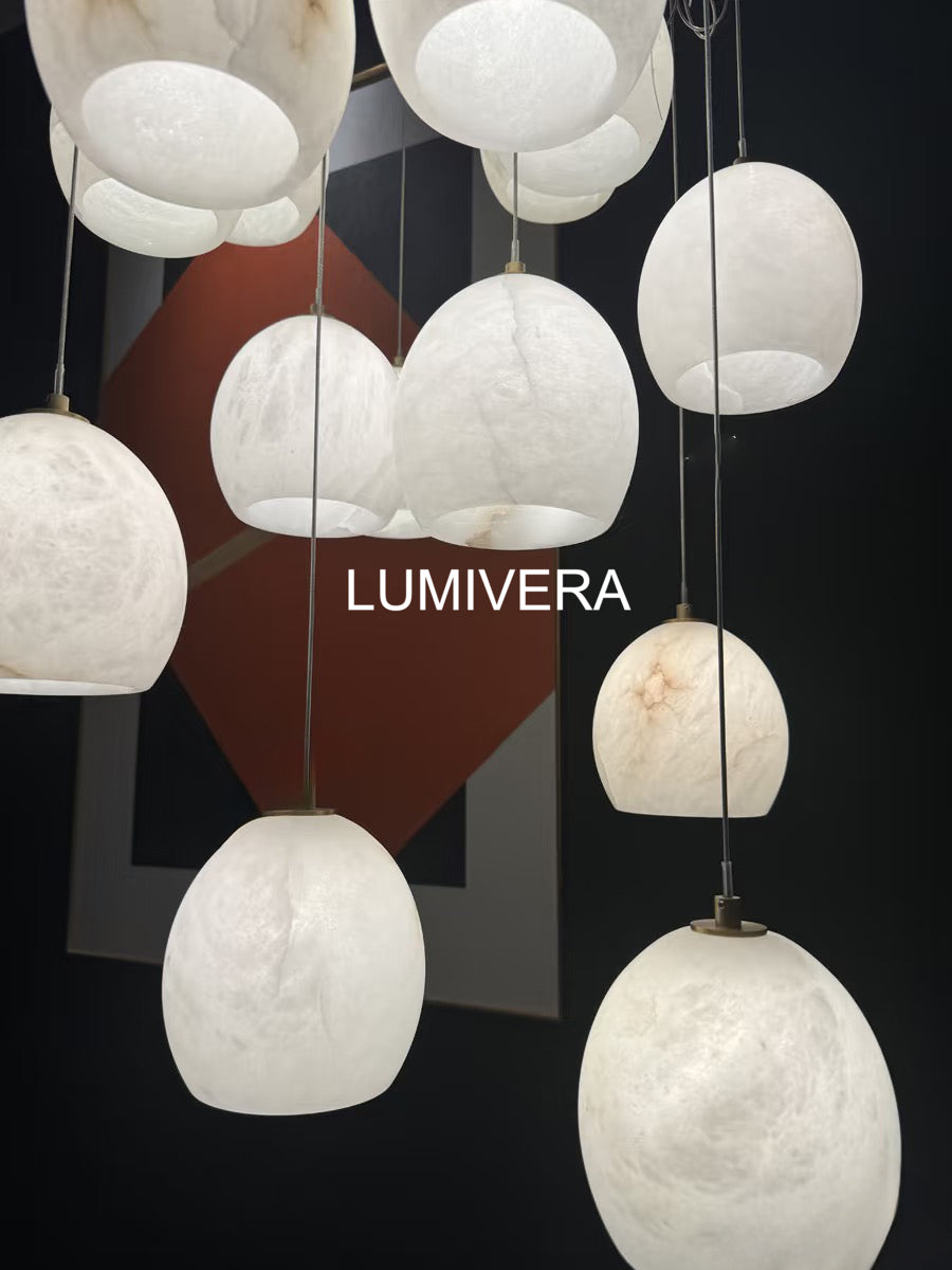 Tavira Chandeliers for Dining Room, Round Alabaster Chandelier, Adjustable Airplane Cable