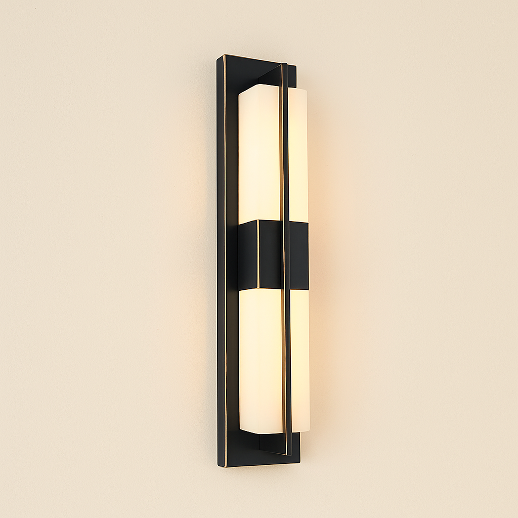 Corbin Outdoor Wall Light, Vertical Sconce, IP65 Waterproof, Black & Gold Acrylic Diffuser
