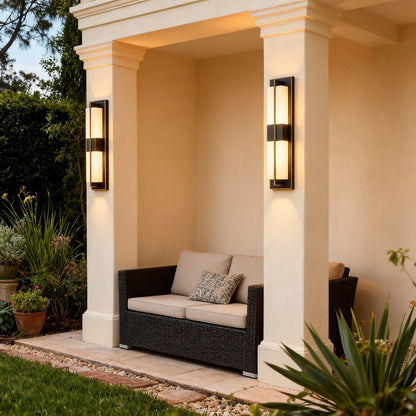 Corbin Outdoor Wall Light, Vertical Sconce, IP65 Waterproof, Black & Gold Acrylic Diffuser