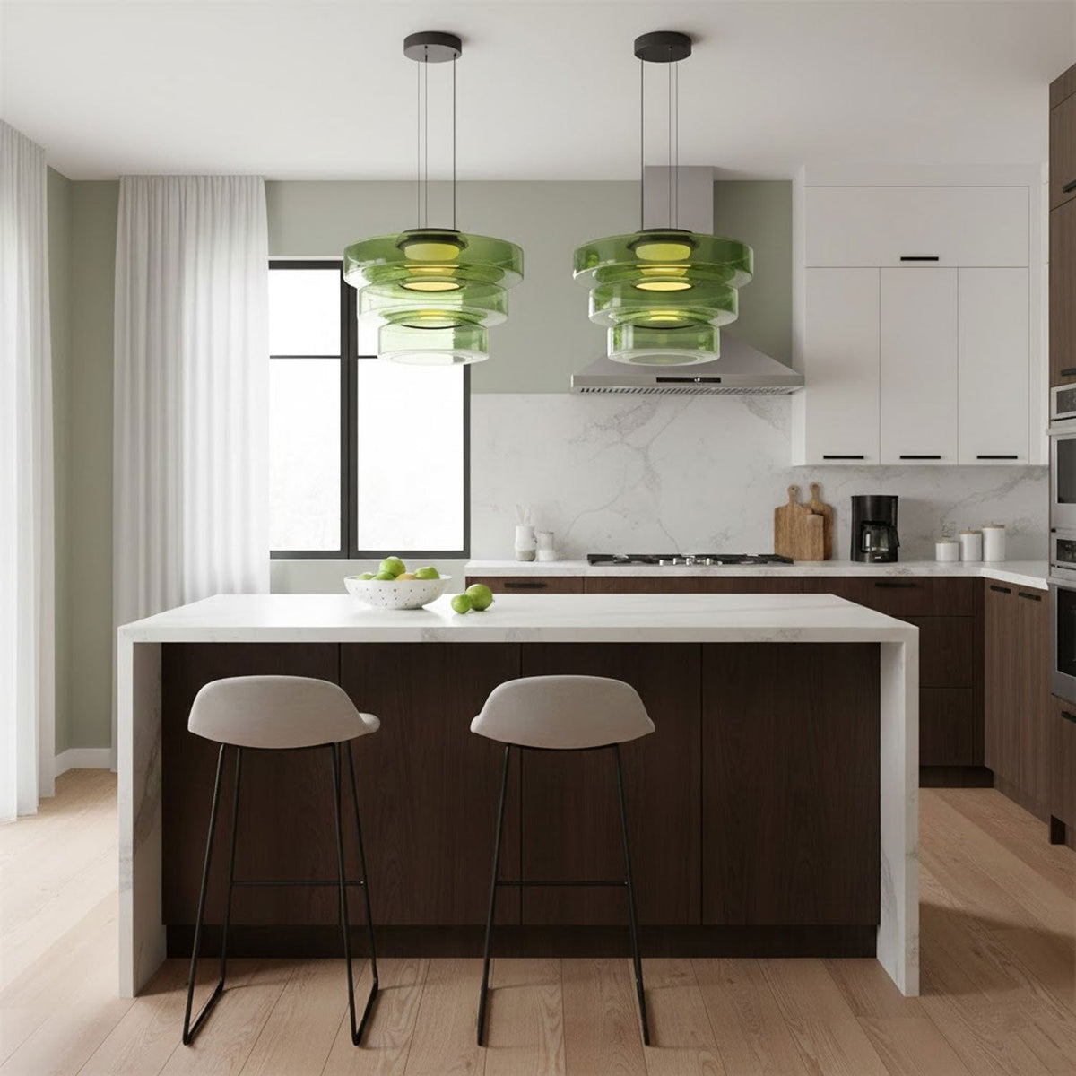 Kitchen Island Pendant Light Fixture, Layered Pendant Lamp, Smoke Grey, Green, Amber