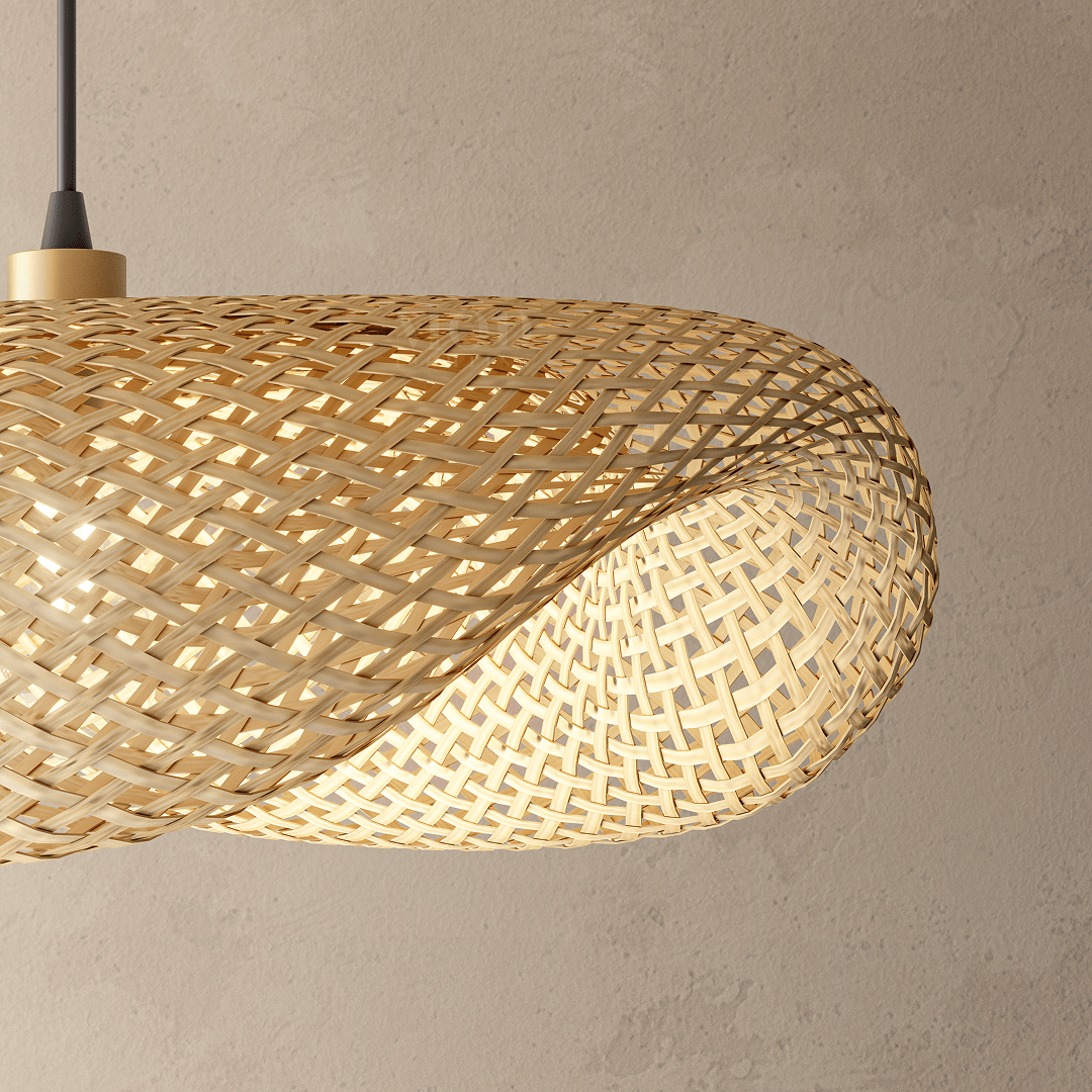 Amara bamboo chandelier hanging over a light, airy boho living room