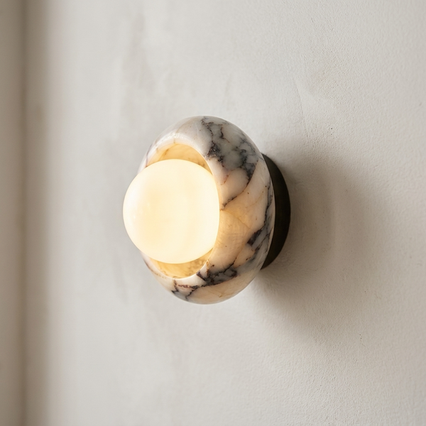 Alma Wall Sconces, Natural Marble Wall Light, Diffused Globe, Bedroom & Hallway Lighting