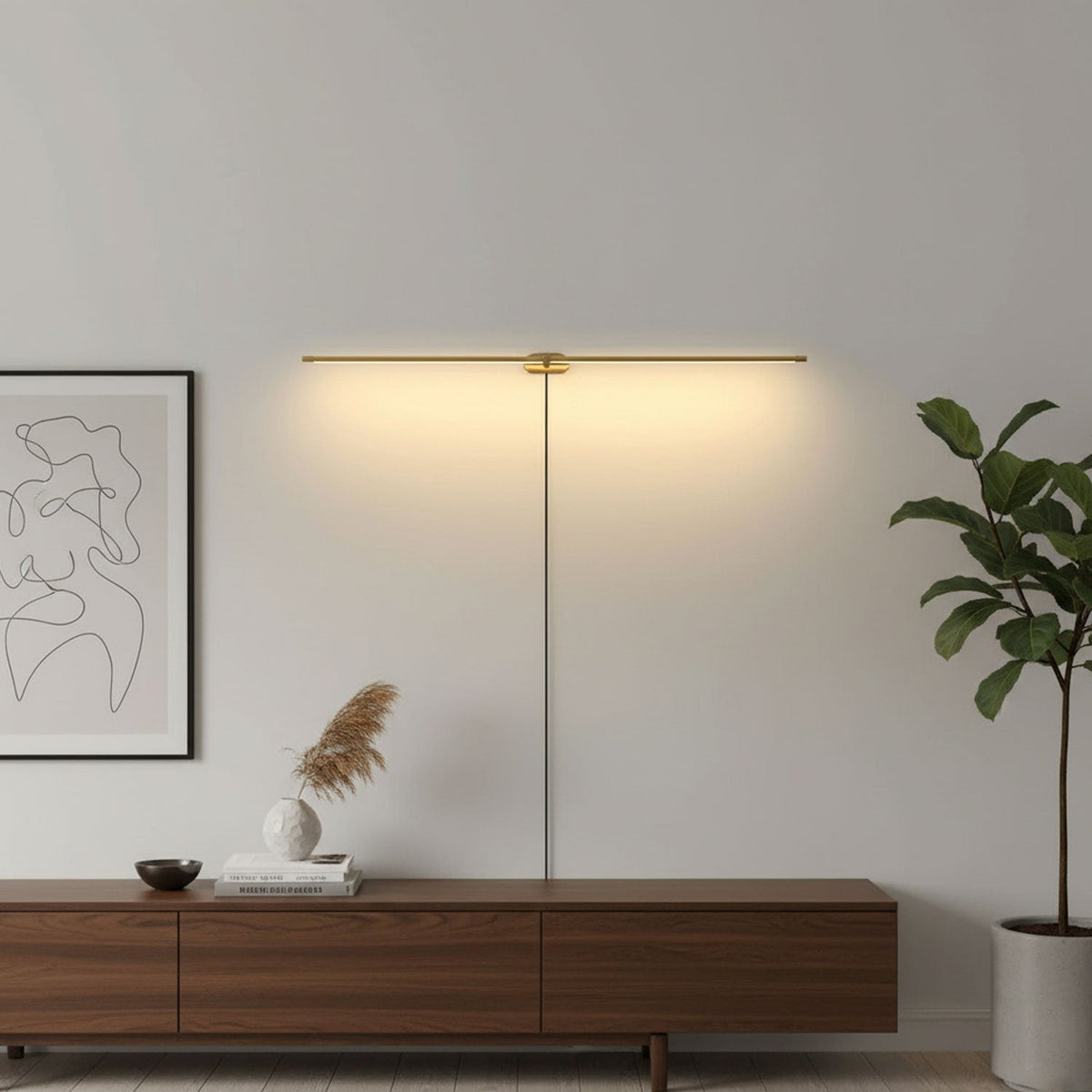 Plug In Wall Sconce, Minimalist Linear Wall Light, Warm Light, Gold, Dimmer Option