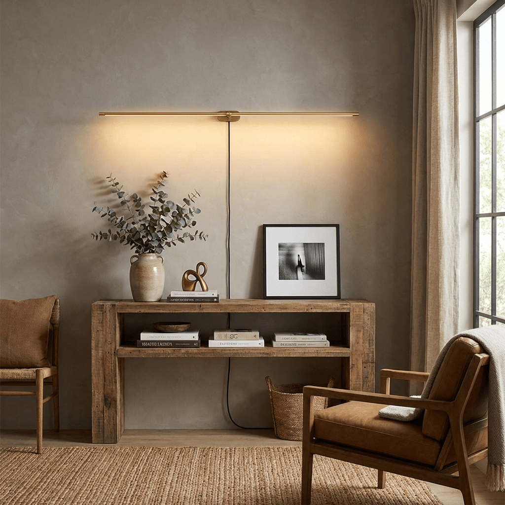 Plug In Wall Sconce, Minimalist Linear Wall Light, Warm Light, Gold, Dimmer Option