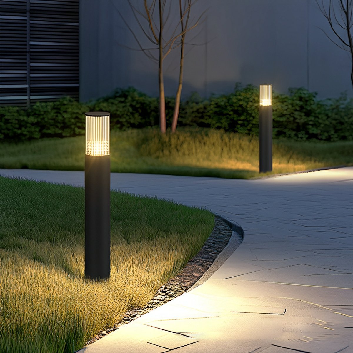 Weston Outdoor LED Post Light, Cylinder Garden Pillar Design, Reeded Shade, Waterproof