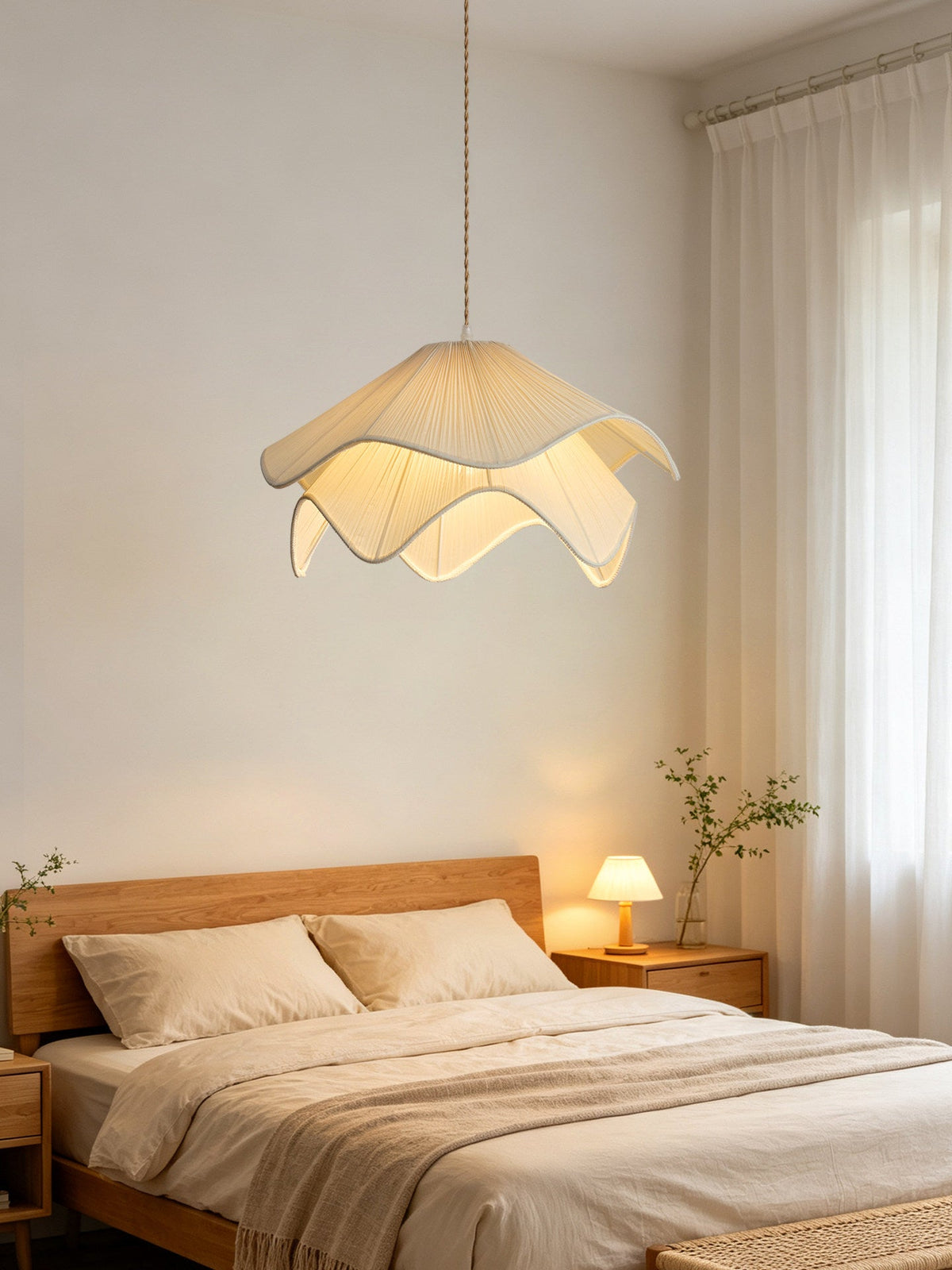Odette Pendant Lighting, Ruffle Fabric Shade Pendant Light, Hardwired, Bedroom & Dining Room