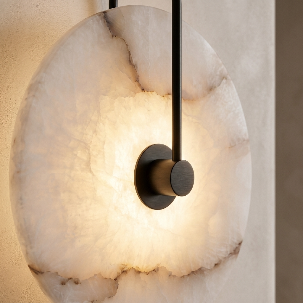 Alvar Sconces Wall Lights, Circular Alabaster Wall Light, Black Accents, Bedside & Hallway
