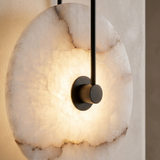 Alvar Sconces Wall Lights, Circular Alabaster Wall Light, Black Accents, Bedside & Hallway