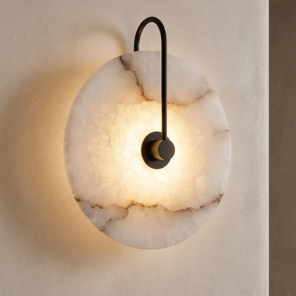 Alvar Sconces Wall Lights, Circular Alabaster Wall Light, Black Accents, Bedside & Hallway