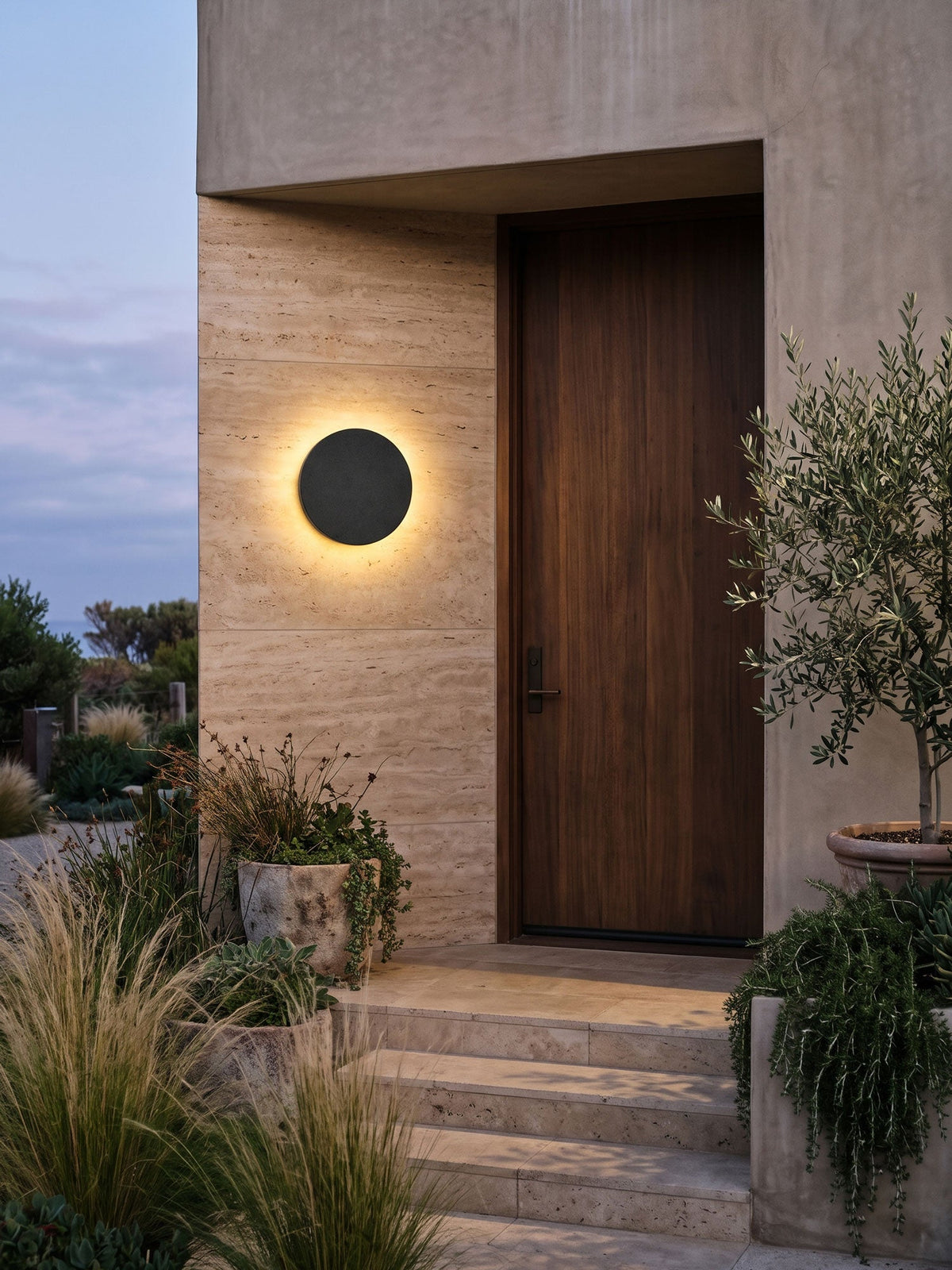 Aksel Outdoor Exterior Wall Lights, Micro-Cement Sconce, IP65 Waterproof, Halo LED Backlight
