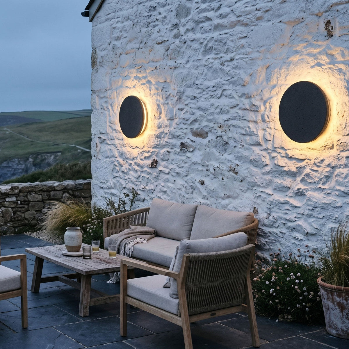 Aksel Outdoor Exterior Wall Lights, Micro-Cement Sconce, IP65 Waterproof, Halo LED Backlight