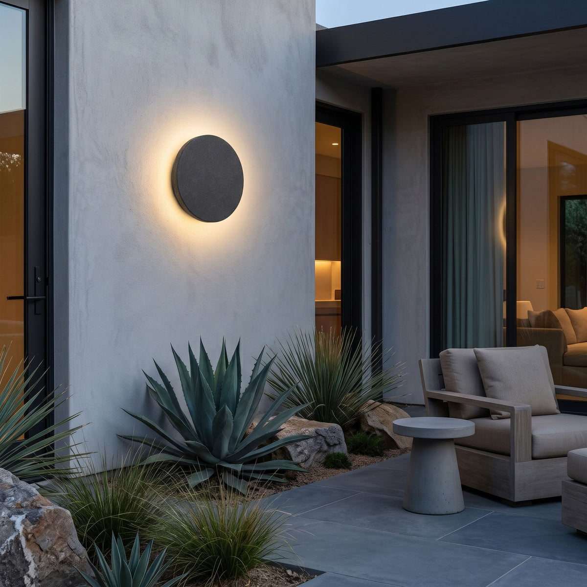 Aksel Outdoor Exterior Wall Lights, Micro-Cement Sconce, IP65 Waterproof, Halo LED Backlight
