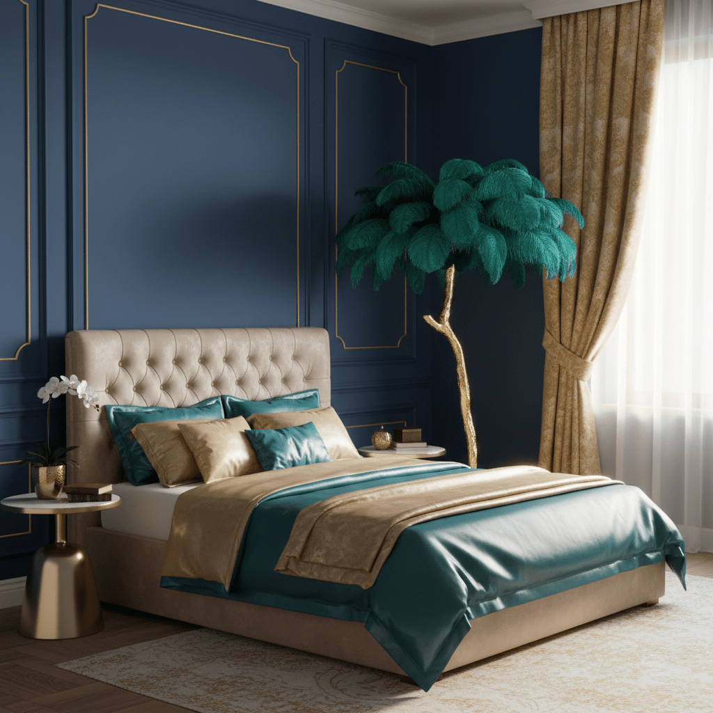 Ostrich feather floor lamp with silver base in a living room corner