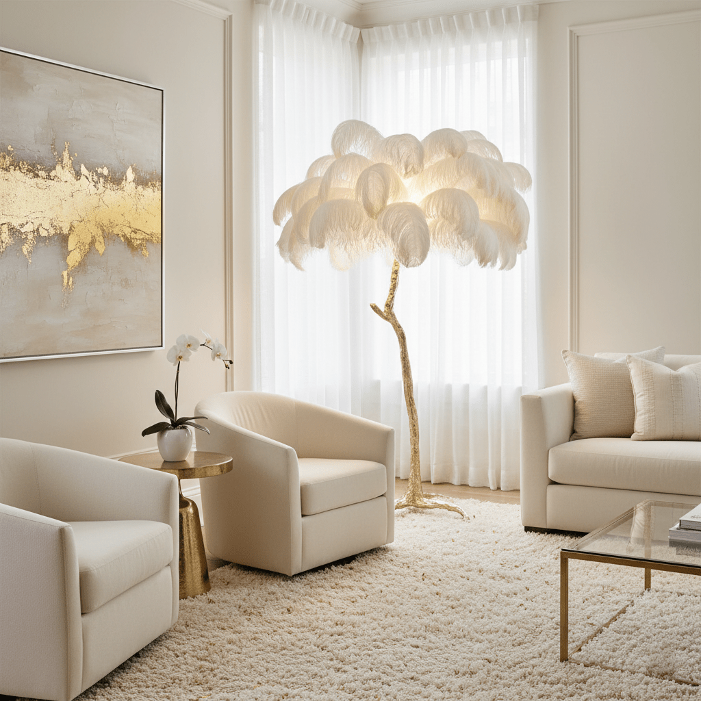 Close-up of hand-dyed ostrich feather plumes on the floor lamp canopy