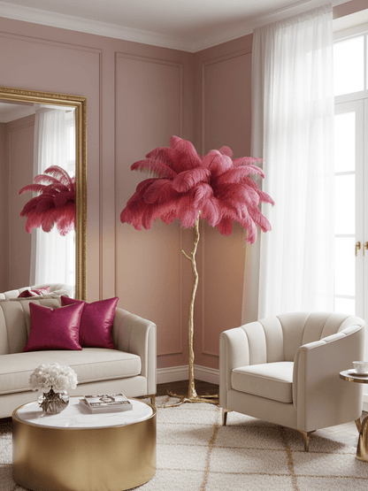Ostrich feather floor lamp with silver base in a living room corner
