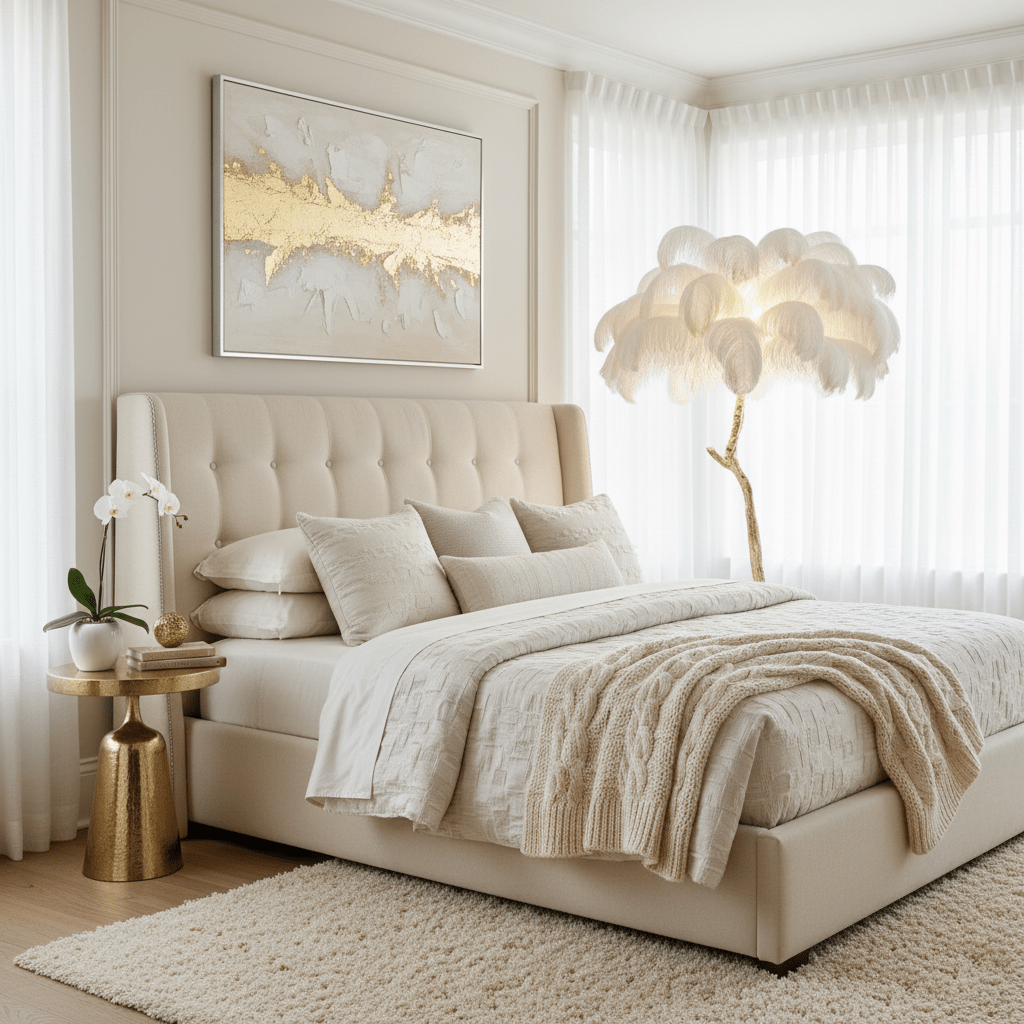 Ostrich feather floor lamp G9 light sources glowing through the feather canopy