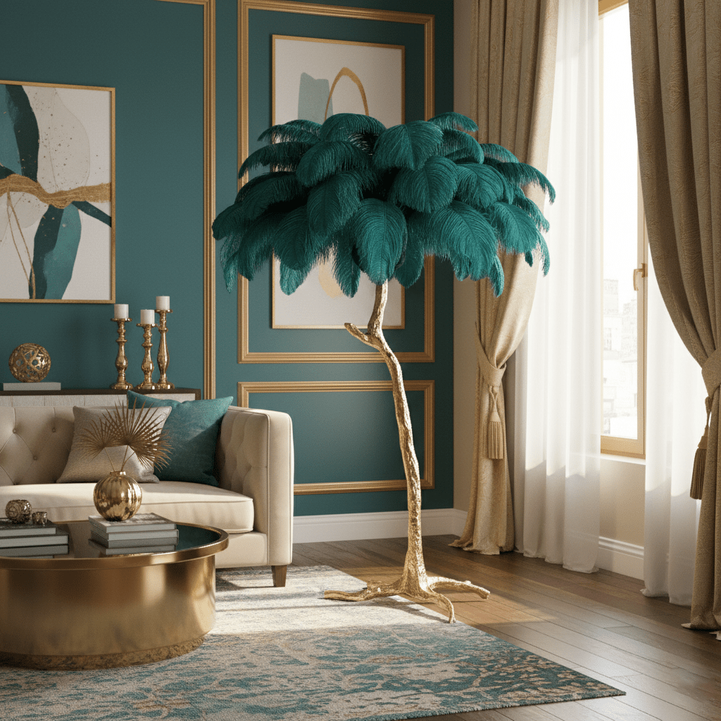 Ostrich feather floor lamp shown in a bedroom styling setting