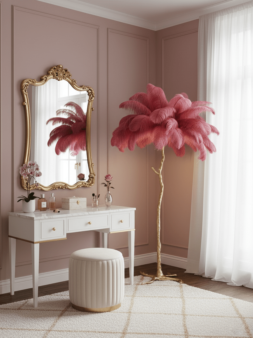 Ostrich feather floor lamp with polished brass base and hand-dyed plumes