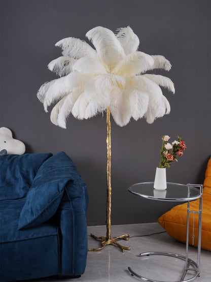 Ostrich Feather Brass Floor Lamp, Hollywood Regency Glam, Hand-Dyed Plumes, Plug-In