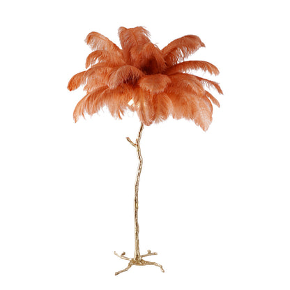Ostrich Feather Brass Floor Lamp, Hollywood Regency Glam, Hand-Dyed Plumes, Plug-In