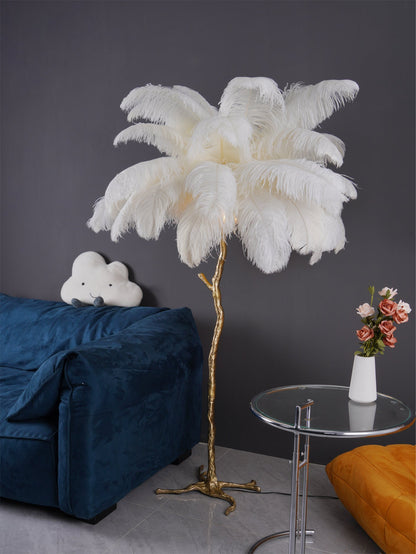 Ostrich Feather Brass Floor Lamp, Hollywood Regency Glam, Hand-Dyed Plumes, Plug-In