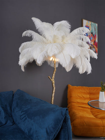 Ostrich Feather Brass Floor Lamp, Hollywood Regency Glam, Hand-Dyed Plumes, Plug-In