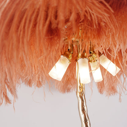 Ostrich Feather Brass Floor Lamp, Hollywood Regency Glam, Hand-Dyed Plumes, Plug-In