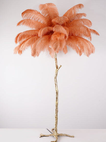 Ostrich Feather Brass Floor Lamp, Hollywood Regency Glam, Hand-Dyed Plumes, Plug-In