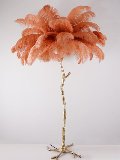 Ostrich Feather Brass Floor Lamp, Hollywood Regency Glam, Hand-Dyed Plumes, Plug-In