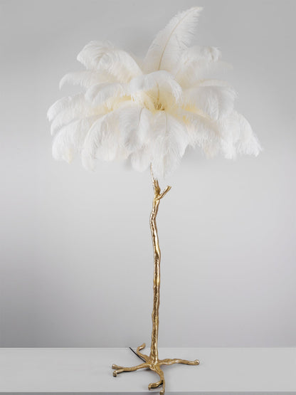 Ostrich Feather Brass Floor Lamp, Hollywood Regency Glam, Hand-Dyed Plumes, Plug-In
