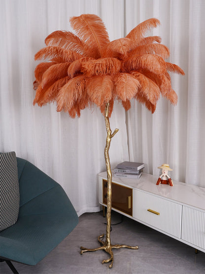 Ostrich Feather Brass Floor Lamp, Hollywood Regency Glam, Hand-Dyed Plumes, Plug-In
