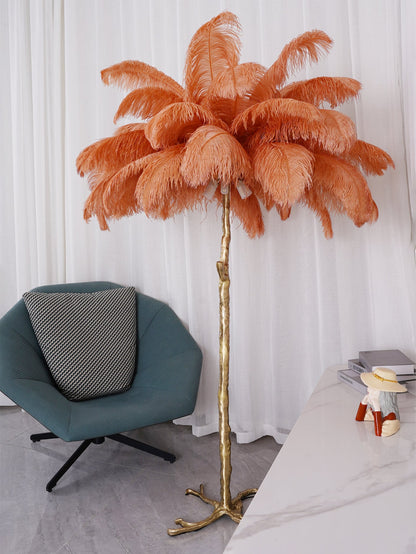 Ostrich Feather Brass Floor Lamp, Hollywood Regency Glam, Hand-Dyed Plumes, Plug-In