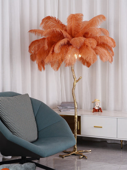 Ostrich Feather Brass Floor Lamp, Hollywood Regency Glam, Hand-Dyed Plumes, Plug-In