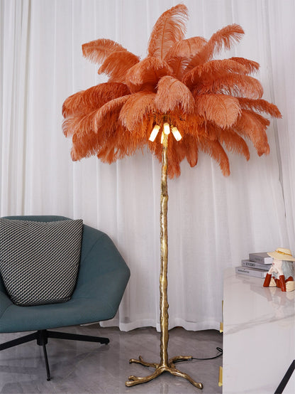 Ostrich Feather Brass Floor Lamp, Hollywood Regency Glam, Hand-Dyed Plumes, Plug-In