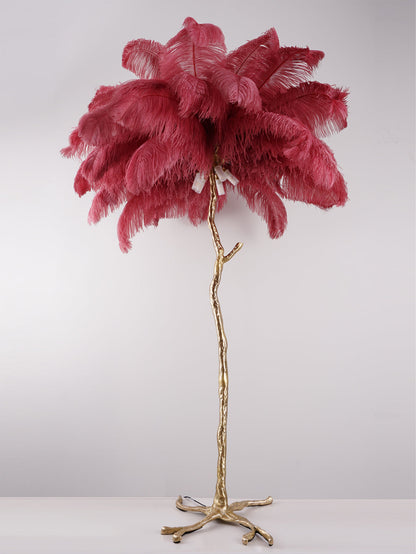 Ostrich Feather Brass Floor Lamp, Hollywood Regency Glam, Hand-Dyed Plumes, Plug-In