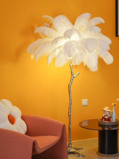 Ostrich Feather Brass Floor Lamp, Hollywood Regency Glam, Hand-Dyed Plumes, Plug-In