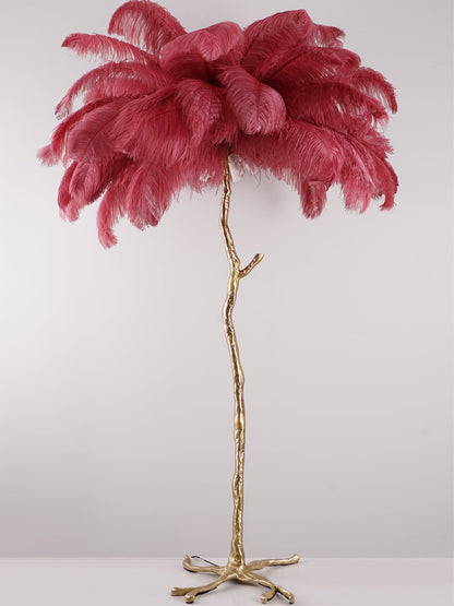 Ostrich Feather Brass Floor Lamp, Hollywood Regency Glam, Hand-Dyed Plumes, Plug-In