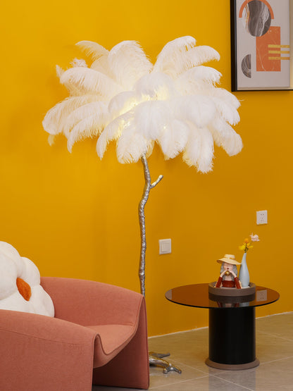 Ostrich Feather Brass Floor Lamp, Hollywood Regency Glam, Hand-Dyed Plumes, Plug-In