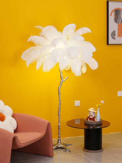 Ostrich Feather Brass Floor Lamp, Hollywood Regency Glam, Hand-Dyed Plumes, Plug-In