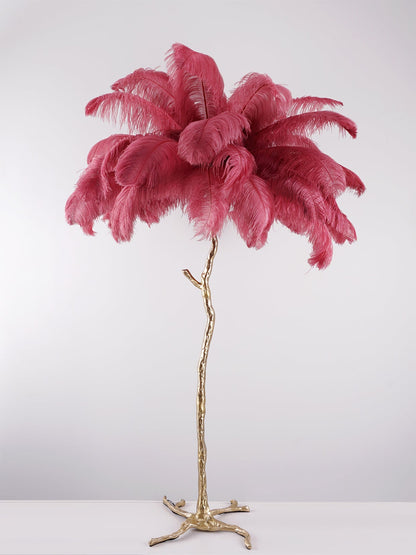 Ostrich Feather Brass Floor Lamp, Hollywood Regency Glam, Hand-Dyed Plumes, Plug-In