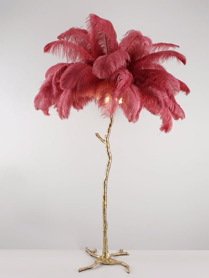 Ostrich Feather Brass Floor Lamp, Hollywood Regency Glam, Hand-Dyed Plumes, Plug-In